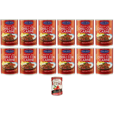 Santa Maria Fertiggerichte Santa Maria Chili con Carne, leicht scharfes Gericht der Tex-Mex-Küche, zum Füllen von Tacos oder zum Servieren mit Tortillachips, 410 g Dose 12x Original italienisch inkl. Italian Gourmet Pelati 400g 7311310381271