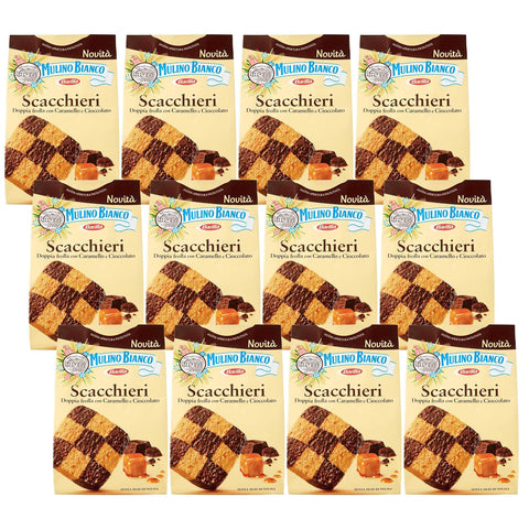 MULINO BIANCO Scacchieri - Italienische Schokoladen- und Karamellkekse 300 g x 12 pakete (Scacchieri, x12) Original