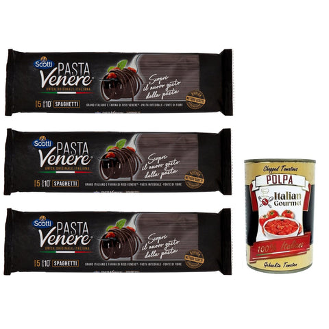 Scotti Riso Scotti Pasta Venere Spaghetti Pasta aus Hartweizengrieß und Schwarzem Venere Vollkornreismehl Packung mit 3x 400g italienisch Original
