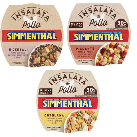 Simmenthal Fertiggerichte Testpaket Simmenthal Insalata Di Pollo 5 Cereali, Piccante, Ortolana Hühnersalat 3x160b italienisch Original Fertiggericht 8004030923034