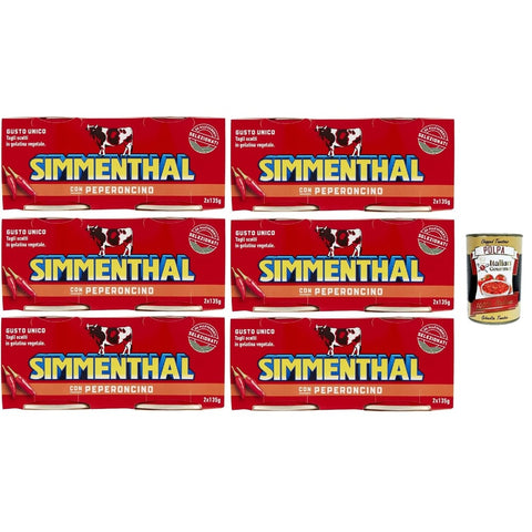 Simmenthal Rind Simmenthal con Peperoncino Fertiggericht aus Rindfleisch in Gemüsegelee Dosenfleisch mit Chili 6x (2 x 135g) Original italienisch inkl. Italian Gourmet Polpa 400g 8032804040014