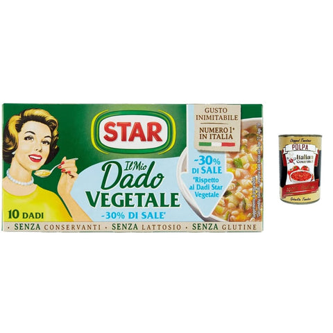 Star Gewürzmischungen Star il Mio Dado Vegetale mit 9 Gemüsesorten mit 30 % weniger Salz, ohne Konservierungsstoffe, laktosefrei und glutenfre 12x Original italienisch inkl. Italian Gourmet Polpa 400g 8000050006306