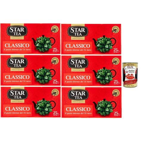 Star Schwarztee Star Tea Thè Classico, das klassische SchwarzTee, 25 Filter, eine feine Mischung mit ausgesuchten geernteten Blättern, 6x 37.5g Original italienisch inkl. Italian Gourmet Polpa 400g 8032804040014