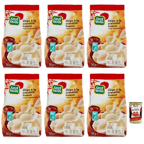 Suzi Wan Cialde Knabberartikel Suzi Wan Cialde di Gamberetti Garnelen Waffel,Knusprige Waffeln aus Tapiokamehl und Garnelen 50g Beutel 6x Original italienisch inkl. Italian Gourmet Polpa di Pomodoro 400g Dose 8032804040014