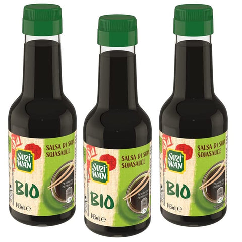 Suzi Wan Sojasaucen Suzi Wan Salsa di Soia Biologica Bio-Sojasauce Glasflasche 143 ml 3x italienisch Original + kostenlos Polpa di Pomodoro 400 g Dose 8032804040014