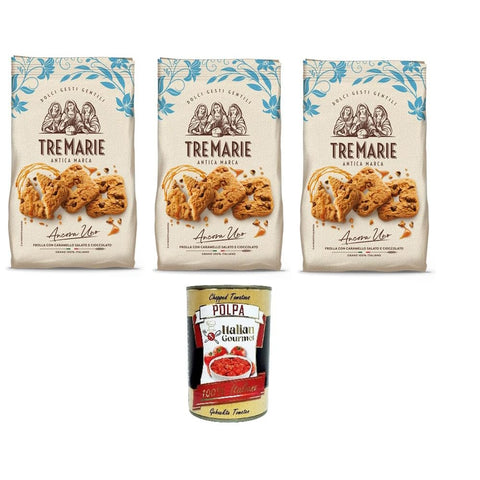 Tre Marie Abgepackte Gebäckstücke Tre Marie Ancora uno Frollini con caramello e cioccolato Shortbread mit Karamell und Schokolade 3x315 g italienisch Original Pastasauce + kostenlos polpa 400 g 8002190006758