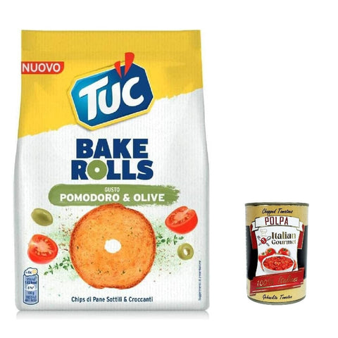 Tuc Chips Tuc Bake Rolls, dünne und knusprige Brotchips mit Tomaten-Oliven-Geschmack 150 g 12x Original italienisch inkl. Italian Gourmet Polpa 400g 5201360660513