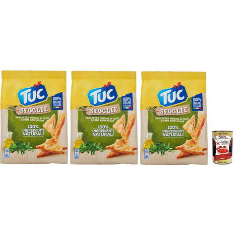 Tuc Chips Tuc Sfoglie, Extra natives Olivenöl und aromatische Kräuter, dünne und knusprige Dreiecke, im Ofen gegart, 3x 170g Original italienisch inkl. Italian Gourmet Polpa 400g 8032804040014