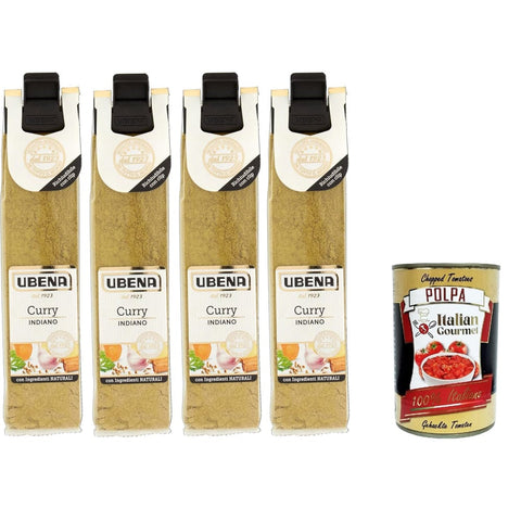UBENA Curry UBENA Curry Indiano,Indisches Curry, Gewürzmischung für Reisgerichte, Kokosmilch, Fisch, Fleisch und Hülsenfrüchte, 4x24g Beutel im Clipformat Original italienisch inkl. Italian Gourmet Polpa 400g 8032804040014