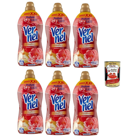 Vernel Flüssiger Weichspüler Vernel Aromatherapy Sehnsucht nach Rose, Weichspüler in der Waschmaschine, Konzentrat, Duft wie frisch gewaschen, 6 x 1.9Lt -Liter XXL Original italienisch inkl. Italian Gourmet Polpa 400g 8032804040014