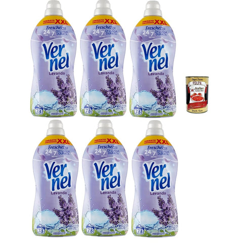 Vernel Flüssiger Weichspüler Vernel Lavanda Ammorbidente, Weichspüler, parfümierte konzentrierte Waschmaschine, intensive Frische und Weichheit, 6x 1,9 -Liter XXL -Verpackung Original italienisch inkl. Italian Gourmet Polpa 400g 8032804040014