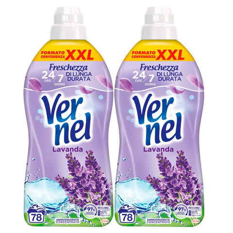 Vernel Lavendel Weichspüler - Konzentrat, Größe XXL, für weiche und duftende Wäsche, langlebig, 2 Flaschen à 1, 95 Liter Original italienisch
